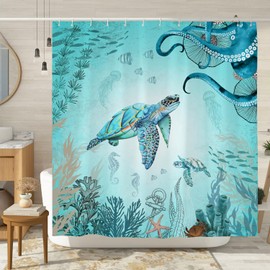 Sea Turtle Shower Curtain, Teal Blue Ocean Beach Coastal Turtle Octopus Shower Curtain Set, Underwater Animal Jellyfish Seashell Nautical Shower Curtain with Hooks, Fabric Waterproof 72x72 inch