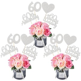 Gyufise 12Pcs 60th Anniversary Centerpiece Sticks Double Sided Gold Glitter Heart 60 Diamond Wedding Anniversary Table Flower Centerpieces for Cheers to 60 Years Blessed & Loved Wedding Party Supplies