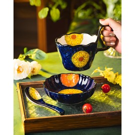 Moqidadii Hand-Painted Ceramic Mug Bowl Set – 16oz Artistic Soup Mug with Handle – Microwave & Dishwasher Safe Glossy Underglaze Pottery – Bold Color Tableware for Soup, Cereal, Noodles