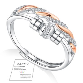 FUNTE® Rose Gold Anxiety Rings for Women 925 Sterling Silver Fidget Rings Adjustable Rose Gold Ring Thumb Rings for Stress Relief Five Spinner Beads Rings Twist Cubic Zirconia Ring