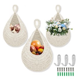 Hanging Fruit Basket for Kitchen, 3 Pack Wall Hanging Fruit Baskets with 3 Hooks, Boho Hanging Wall Basket, Hanging Kitchen Baskets for Fruits, Vegetables and Onion Storage, White