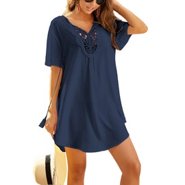 Ekouaer Beach Dresses Women Summer Beach Tunic V Neck Lace Beach Poncho Short Swimwear Cover Up Navy Blue L