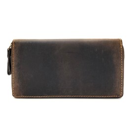 Lemasi Large Genuine Buffalo Full Leather Women's Zip Purse Long Rustic Hunter Leather Vintage, dark brown, Retro