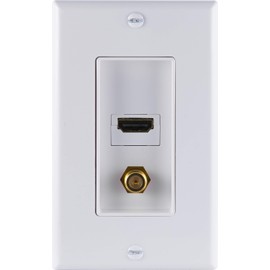 GE Coaxial Wall Port 1 F-Type Connector, White, Supports Full HD 1080P 4K, Gold Plated Connection, Single Gang, Installation Hardware Included, 35292, HDMI + Coax Wallplate