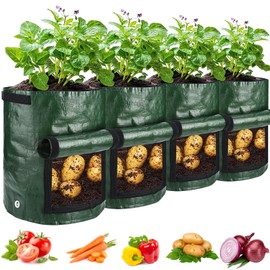 JJGoo Potato Grow Bags, 4 Pack 7 Gallon with Flap and Handles Planter Pots for Onion, Fruits, Tomato, Carrot, Green