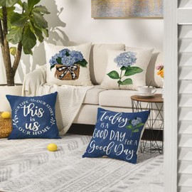 AVOIN colorlife Blue Hydrangea Spring Summer Throw Pillow Covers, 20 x 20 Inch Today is A Good Day Dark Blue Cushion Case Decoration for Sofa Couch Set of 4