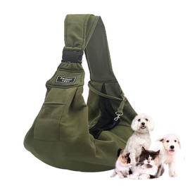Joebo Pet Sling, Pet Bag, Carrier, For Dogs and Cats, Breathable, Includes Pockets and Safety Rope, Diagonal Shoulder Bag, For Outings, Huggable Up To 28.7 lbs (13 kg) (Army Green)