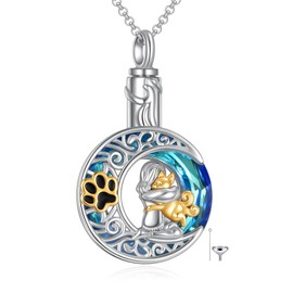 925 Sterling Silver Dog Urn Necklace for Ashes, Puppy Paw Print Locket Necklace with Blue Crystal, Memorial Keepsake Cremation Jewelry for Women Dog Lovers, 18"+2"