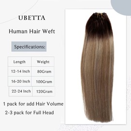 Sew in Hair Extensions Real Human Hair, 16 Inch 100G Weft Hair Extenions Human Hair Weave Bundles Ombre Brown Balayage Blonde Highlights Hand-Tied Weft Hair Extensions Human Hair Weave for Women