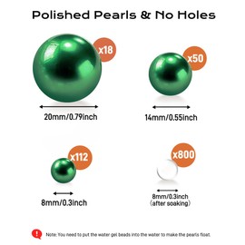 180 PCS Floating Green Beads for Centerpieces Vases, No Hole Polished Pearl Makeup Beads Mixed 8/14/20mm Sizes, 800 PCS Water Beads for Vase Fillers Party Wedding Decor