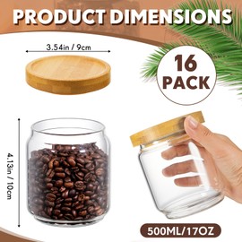 Irenare 16 Pack Glass Containers Canister Set, 17 oz Food Storage Spice Jars with Airtight Lids, Clear Kitchen Containers for Coffee Sugar Tea Beans Nuts Candy Pantry Organization (Bamboo)