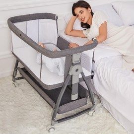 Jixrolyn 3 in 1 Baby Bassinet Bedside Sleeper, Height Adjustable Bedside Bassinet for Newborn and Infant with Mattress, Storage Basket, and Wheels (Grey)