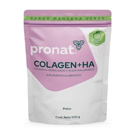 PRONAT | Colágeno Hidrolizado + Ácido Hialurónico, Suplemento Alimenticio, Sabor Manzana Verde, Bolsa con 500 gramos