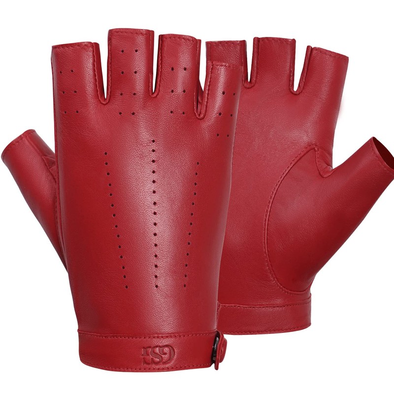 GSG Women Red Driving Gloves Fingerless Leather Gloves Unlined Half
