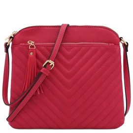 Chevron Quilted Medium Crossbody Bag with Tassel Accent (Fuchsia)