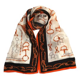 YangtzeStore Long Charmeuse Silk Scarf Floral and Graphic Print (Orange and Black)