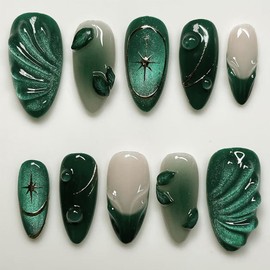 3D Press on Nails Medium Almond Fake Nails Green Water Droplet Leaves Designs French Tip Glue on Nails Glossy Full Cover Acrylic Nails Almond Nails Press Ons for Women Manicure 24Pcs