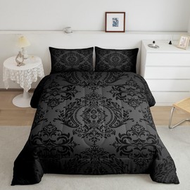 Feelyou Adults Black Vintage Damask Floral Comforter Set Oriental Antique Comforter Twin Size Gothic Bohemia Boho Floral Bedding Set Bohemian Exotic Duvet Set Quilt Set 2Pcs