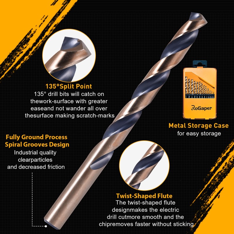 ROGAPER 29Pcs Drill Bit Set, 135 Tip HSS with Black