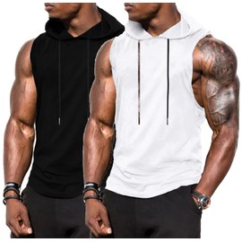 Babioboa Men's Sleeveless Training Muscle Hoodies 2 Pack Sleeveless Shirts Sports Tank Tops with Hood(Black/White,M)
