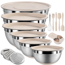 Mixing Bowls with Airtight Lids Set, 20 PCS Kitchen Gadgets Set, 6 Stainless Steel Bowls,3 Grater Attachments,Non-Slip Silicone Bottoms,Great for Serving&Baking,Size 5, 4, 3.5, 2.1, 1.5, 1.1QT (Khaki)