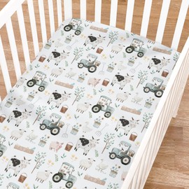 Boho Farm Animals Life Fitted Baby Crib Sheets Boy Girl 52"x28" Cow Pig Lamb Duck Truck Leaves Soft Crib Mattress Covers Spring Farm Planting Baby Sheet for Standard Crib & Toddler Bed Mattress