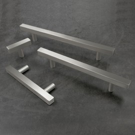 Alzassbg 10 Pack Brushed Satin Nickel Cabinets Pulls, 5"(128mm) Hole Centers Cabinet Stainless Steel Handles Kitchen Hardware Square T Bar Pull for Cabinets AL3110SN