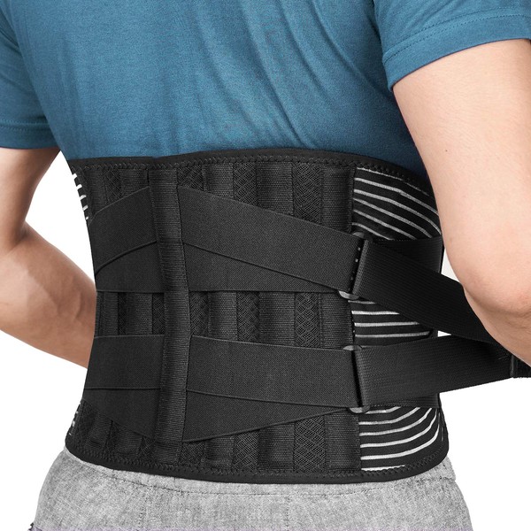 FREETOO Back Support Belt for Back Pain Relief with 6 Stays, Adjustable Back Brace for Men/Women for work, Anti-skid Lower Lumbar Support with 16-hole Air Mesh for Sciatica (M(waist:29.5''-37.4'')