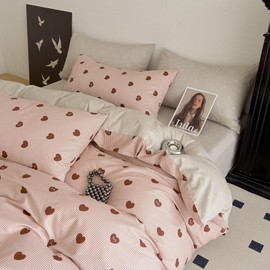 YASMENG Bed Linen 135 x 200 cm Cotton Dog Tooth Pattern Hearts Bed Linen Cotton Soft Cuddly Breathable Duvet Cover Set 2-Piece for Girls with Zip and 80 x 80 cm Pillowcase