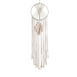 Dream Catchers for Bedroom – Cream-Colored Boho Macrame Wall Hanging with Owl, Moon & Leaves Design – Adhesive Hook for Easy Hanging – Ideal Bohemian Home Décor (Rounded Leaf)