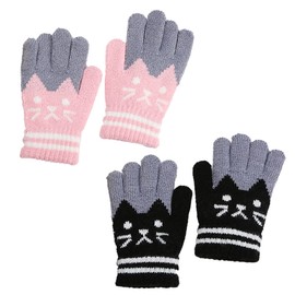 Jagowa Cute Cat Velvet Padded Soft Gloves Outdoor School Warm Knit Stretch All-Finger Mitten for Boys and Girls Ages 3-8 (Black Pink)