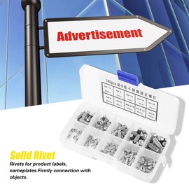 Jeanoko Head Rivets Assortment Kit, 160pcs M2-M5 Stainless Steel Rivets Round Head Rivet Kit Knurled Shank Solid Rivets Assortment Set for Labels Nameplates Fastening Fastening Parts