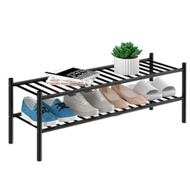 ROMGUAR CRAFT 2-Tier Bamboo Long Shoe Rack, Free Standing Wood Shoe Shelf Storage Organizer for Closet Entryway Stackable 35"x11"x13" (Black)