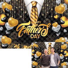 BINQOO Happy Father's Day Backdrop Love Dad Black Golden Tie Heart Photography Background Thanks Dad Fathers Day Family Party Banner Family Photo Supplies (7x5FT)