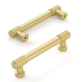 Amerdeco 10 Pack Brushed Gold Knurled Cabinet Pulls 3 Inch(76mm) Hole Center Kitchen Cabinet Handles Drawer Pulls Cabinet Hardware ZH0034