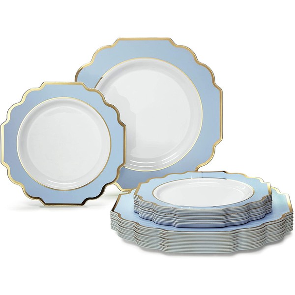 " OCCASIONS " 50 Plates Pack (25 Guests)-Heavyweight Wedding Party Disposable Plastic Plate Set -(25 x10.5'' Dinner +25 x 8'' Salad/dessert (Imperial in White/Blue & Gold)