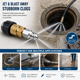 Sewer Jetter Nozzle for Drain Cleaning – 5000 PSI Mini Quick Connect Tip Kit for Pressure Washer Hose Maintenance