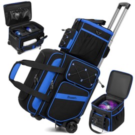 3 Ball Bowling Bag with Wheels, 2 Ball Bowling Bags Double roller with 1 Ball Add On Bag, Multi-Pockets & Shoe Compartment (Fits Up to Size 15), Blue