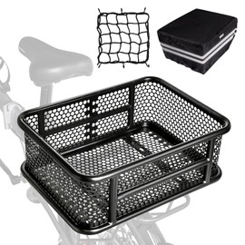 RAYMACE Bike Basket Rear with Reflective Waterproof Cover and Cargo Net, Perforated Design Large Bicycle Basket Fits for Electric Bike, Mounted Rear or Front Rack-Patent Pending
