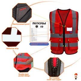 AYKRM 21 Colours Safety Vest Reflective Safety Vest with Reflective Strips with Zip and Pockets Work Vest, red