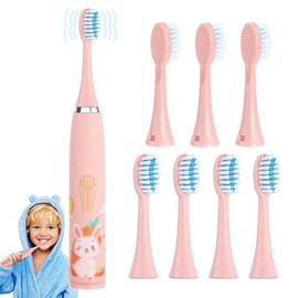 Cepillo Electrico Infantil, Juego de Cepillos de Dientes Eléctricos infantil Recargables para Niños, De 2 a 15 Años, 4 Modos, 8 Cabezales Repuesto Cepillo Dientes, Resistente Agua, para Niños y Niñas (Rosa)