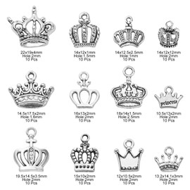 KitBeads 120pcs Tibetan Crown Charms Antique Silver Mixed Styles King Queen Crown for Jewelry Making Bracelets Bulk