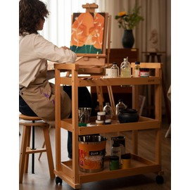 DJAR Rolling Utility Cart, 3-Tier Beech Wood Art Supplies Cart Organizer with Caster Wheels, for Artists & Students, Natural