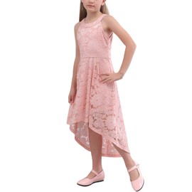 GORLYA Girl's Elegant Halter Neck Floral Lace Hi-Lo Flower Girl Birthday Party Dress for 4-14T Kids (GOR1027, 9-10Y, Pink)