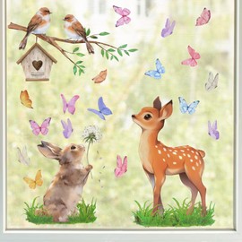 3 Sheets Spring Summer Window Stickers Rabbit Sika Deer Animals Window Clings Double-Sided Stained Glass Clings Spring Window Clings for Spring Summer Window Decorations
