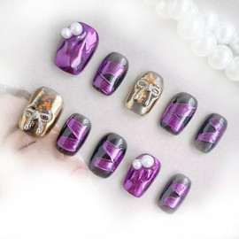 [GLORS] Purely Handmade Short Press On Nails | Purple Mirror Powder Short Square Fake False Nails Set | Salon Quality Unique Handcrafted Wearable Nails 10 pieces(XS,SS)