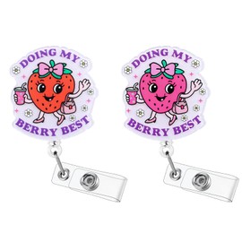 2Pcs Cute Nurse Badge Reel Funny Strawberry Doing My Berry Best Retractable ID Card Badge Holders, Healthcare Worker Badge Clip for RN MA Pediatric Doctor Nursing Student Ambulatory Care PT OT