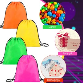 Abbylike 24 Pieces Neon Party Drawstring Backpack Bags Neon Party Drawstring Goodie Favor Bags Supplies Gifts Candy Gift Bags for Neon Party, 4 Colors