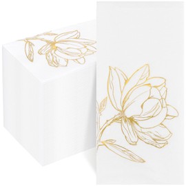 Joyido 50 Pack Gold Magnolia Napkins - Gold Floral Disposable Napkins - Cloth-Like Feel Dinner Paper - Vintage Heavy Duty Hand Towels for Bathroom Wedding Holiday Party Bridal Decorative Towels