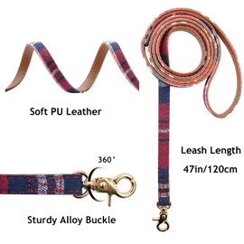 3PCS Bow Tie Dog Collar and Leash Set Plaid/Camo/Dots/Flower Dog Bandanas with Bell 3 Size Adjustable for Small Dogs Puppies and Cats (XS, Red Plaid 3)